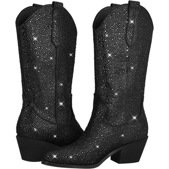 Sparkly Rhinestones Fauxt Sequins Black Leather High Calf Heeled Boots For Women - Picture 2 of 5